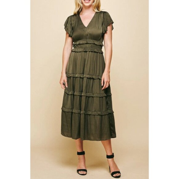 Pinch Tiered Maxi Dress L Large Olive Green Silky Short Flutter Sleeve NEW - Picture 7 of 16